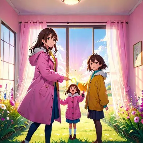 kumiko,printemps,holding flowers,the little girl's room,japanese sakura background,kindergarten,Anime,Anime,Realistic