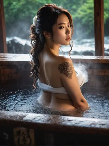 onsen,hotspring,water nymph,japanese woman,water bath,water lotus,Photography,General,Fantasy