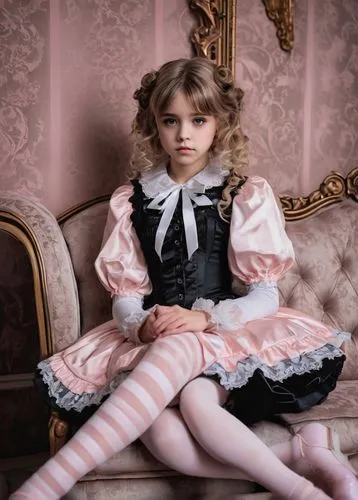 A young Lolita girl, 12-14 years old, latex clothing, puffy sleeves, lace-trimmed collar, pink and white striped stockings, black Mary Jane shoes, curly blonde hair, big brown eyes with thick eyelashe