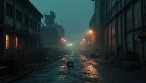 Industrial area, nighttime, dim streetlights, misty atmosphere, old factory buildings, rusty metal pipes, concrete walls, barbed wire fencing, abandoned crates, worn-out machinery, puddles of oil, ref