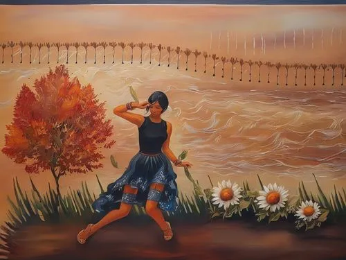 throwing leaves,girl picking flowers,indigenous painting,khokhloma painting,autumn background,woman walking,girl with bread-and-butter,autumn decoration,little girl twirling,flower painting,girl walki