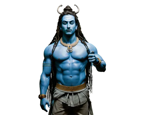 Hindu god Shiva, powerful male figure, blue skin, serpent around neck, third eye on forehead, dreadlocks hair, sacred thread across chest, adorned with jewelry, muscular physique, standing in heroic p