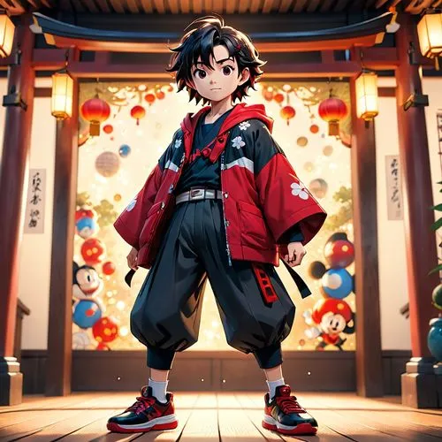 japanese style, manga, realistic,black and red ,jingjang,an anime character in front of a colorful wall,dororo,anime japanese clothing,jianghua,ryoma,kunitachi,haibei,Anime,Anime,Cartoon