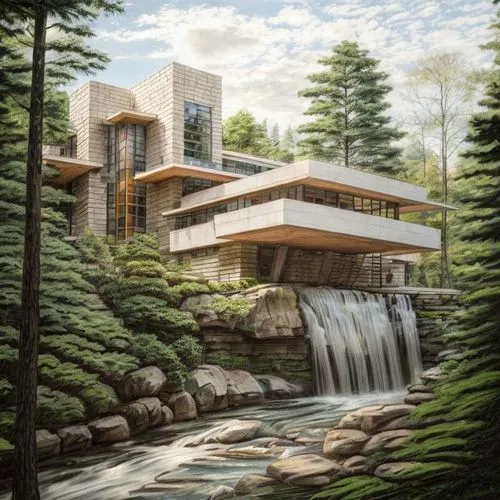 fallingwater,forest house,house in the forest,house in mountains,house in the mountains,house with lake,Architecture,General,Modern,Mid-Century Modern