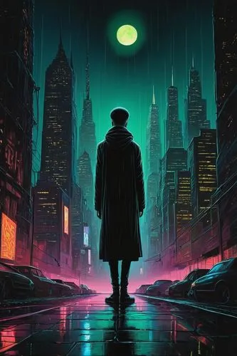 cyberpunk,bladerunner,noir,carnacki,cityscape,dystopian,nightstalkers,polara,peregrini,sci fiction illustration,detective,vigilante,transistor,neuromancer,film noir,nacht,dystopias,stranger,the wanderer,gotham,Illustration,Realistic Fantasy,Realistic Fantasy 17