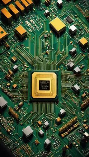 Microchip, CPU, processor design, computer architecture, motherboard, circuit board, wires, components, transistors, diodes, capacitors, resistors, IC chips, sockets, pins, golden contacts, metal casi