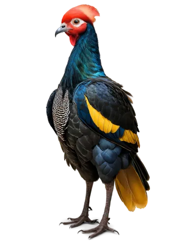 Turkey, Google Images, colorful feathers, red head, yellow beak, black legs, standing, proud posture, detailed plumage, soft lighting, shallow depth of field, warm color tone, 3/4 composition, cinemat