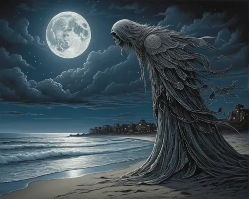 As night falls on a desolate beach, a forlorn ghost eternally waits for someone who will never come.,dance of death,angel of death,death angel,sleepwalker,beach moonflower,the night of kupala,moonbeam