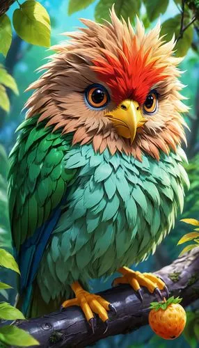 small and round, with a short, soft beak. Covered in shaggy fur, it lives in trees and loves wild fruits.,a painting of an angry bird on a nch,caique,korowai,koropeckyj,pombo,kazooie,tiger parakeet,qu