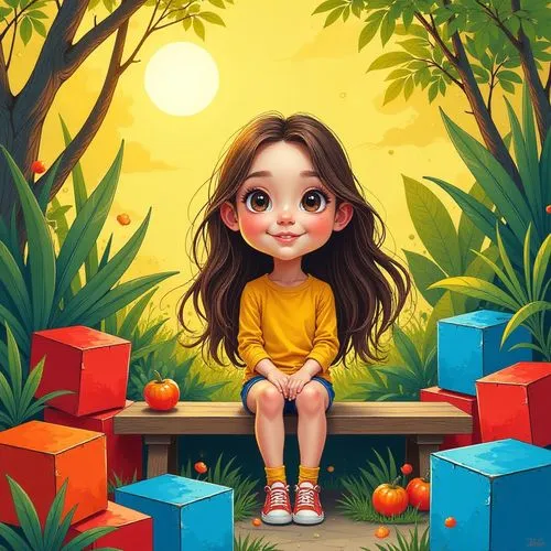 kids illustration,girl sitting,girl with tree,cute cartoon image,cute cartoon character,world digital painting