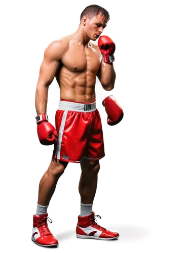 Dynamic art, male boxer, muscular build, intense facial expression, sweat droplets on forehead, black boxing gloves, red boxing shorts, white boxing boots, dramatic lighting, low-angle shot, 3/4 compo