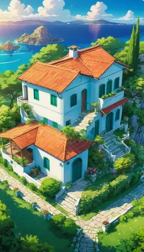 dreamhouse,holiday villa,butka,machico,yazaki,private house,beautiful home,ghibli,roof landscape,home landscape,teshima,paradis,wakanohana,studio ghibli,ekonomou,nouaimi,house by the water,kanto,tropical house,maisons,Illustration,Japanese style,Japanese Style 03