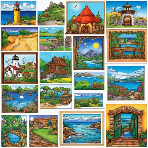 houses clipart,wooden houses,picture puzzle,terracotta tiles,islands,villages,cottages,huts,paintings,post impressionism,floating huts,beach huts,landscapes,motif,wooden boats,popeye village,landscape background,wooden boards,java island,backgrounds,Conceptual Art,Daily,Daily 28