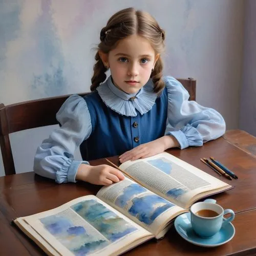 girl studying,watercolourist,little girl reading,young girl,blue painting,child's diary,Illustration,Paper based,Paper Based 23