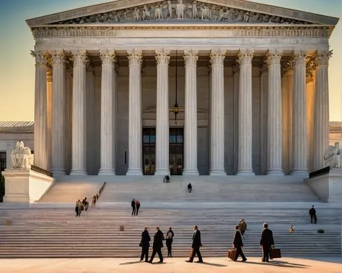 Supreme Court building, grandeur, neoclassical style, marble pillars, ornate facade, intricate carvings, majestic dome, American flag, solemn atmosphere, evening light, subtle shadows, Washington D.C.