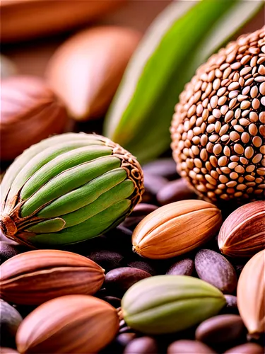 seeds, macro photography, detailed texture, various shapes, earthy colors, brown, beige, green, natural light, soft focus, shallow depth of field, 1/2 composition, warm color tone, cinematic lighting.