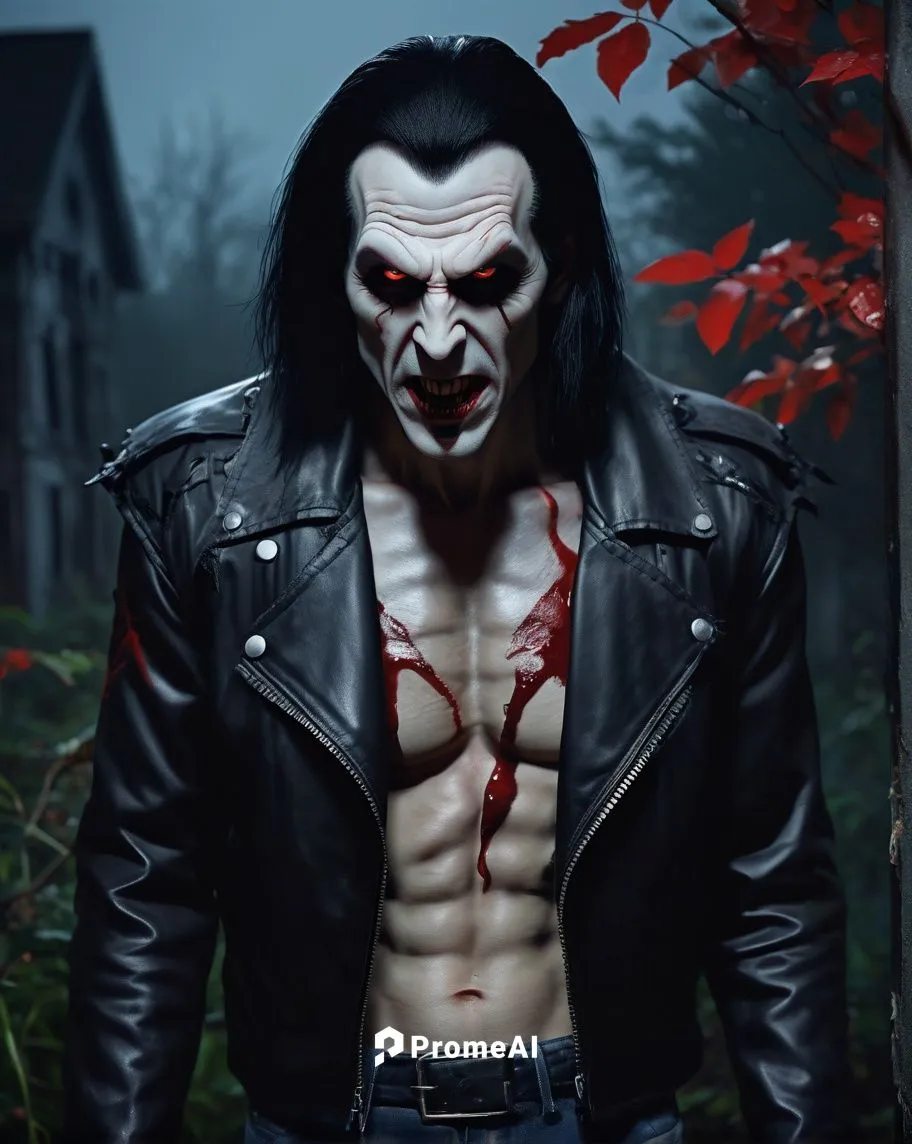 Vampire Bubba Nosferatu, tall, muscular build, pale skin, menacing sharp fangs, long black hair, red eyes, bloodshot, dark eyeliner, leather jacket, ripped jeans, heavy boots, standing, misty night, a