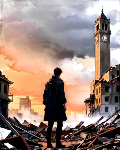 Apocalyptic scene, destroyed cityscape, rubble and debris, abandoned buildings, broken clock tower, last sunset, dark clouds, ominous sky, solitary figure, worn clothing, tired expression, looking up,