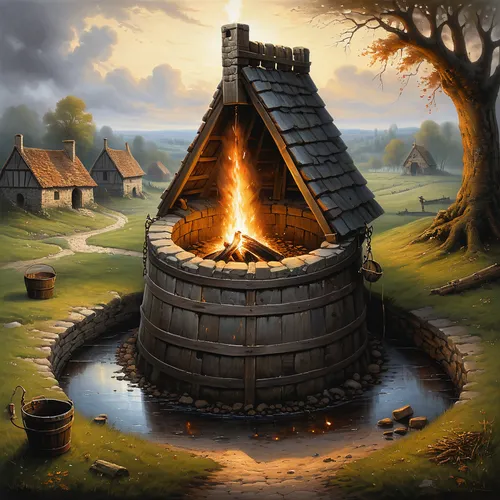 traditional well with bucket used in medieval era. Create a bonfire in the other side,charcoal kiln,blackhouse,brick-kiln,wood-burning stove,stone oven,iron age hut,wishing well,masonry oven,hearth,pi