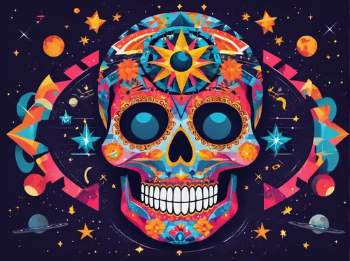 Design a sugar skull that represents a celestial theme, featuring stars, moons, and galaxies.,sugar skull,day of the dead icons,calavera,dia de los muertos,day of the dead frame,calaverita sugar,day o