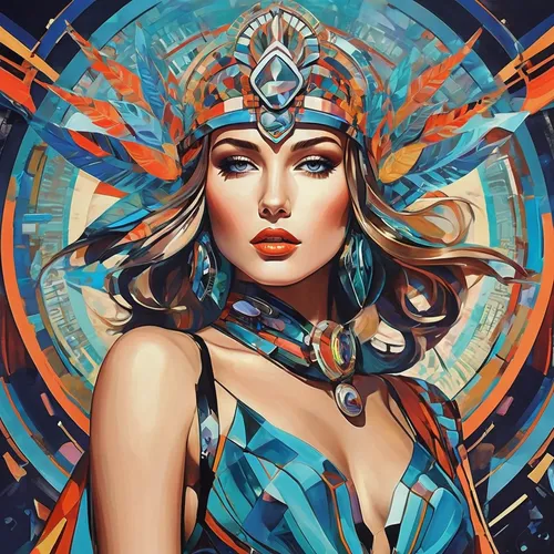 boho art,cleopatra,art deco woman,fantasy art,zodiac sign libra,zodiac sign gemini,andromeda,priestess,headdress,fantasy woman,sorceress,fantasy portrait,blue enchantress,masquerade,shamanic,horoscope libra,gemini,psychedelic art,aquarius,zodiac sign leo,Conceptual Art,Sci-Fi,Sci-Fi 06