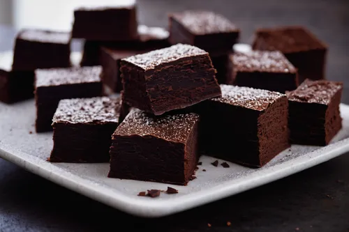 Write a poetic description of the velvety texture of cooking chocolate.,chocolate brownie,flourless chocolate cake,chopped chocolate,mini chocolate cakes,brownie,chocolate cake,chocolate layer cake,bl