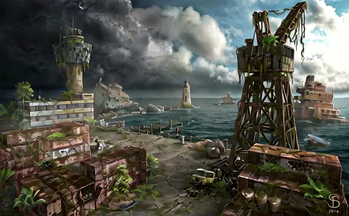 oil platform,post-apocalyptic landscape,industrial landscape,gunkanjima,destroyed city,oil rig,artificial island,industrial ruin,oil industry,post apocalyptic,refinery,ship wreck,apocalyptic,offshore 