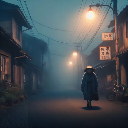 kyoto,evening atmosphere,alley,atmosphere,japan landscape,darjeeling,violet evergarden,alleyway,mist,atmospheric,fog,studio ghibli,shirakawa-go,world digital painting,girl walking away,kanazawa,japan,japan's three great night views,night scene,tsukemono