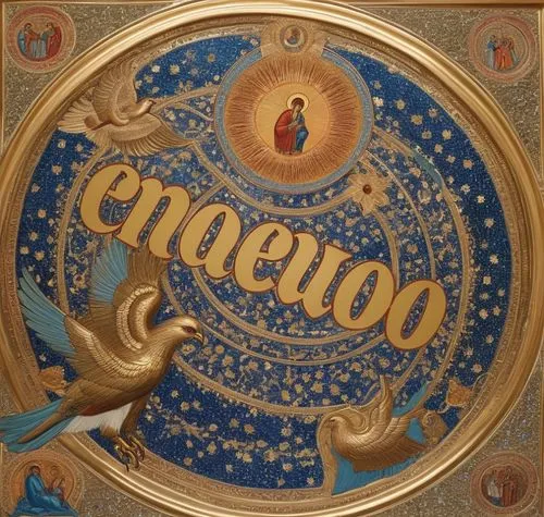 a painting with the word ennego written in cursive lettering and two birds flying around,chromolithography,uccello,duccio,maiolica,cinereous,iconographer,Illustration,Realistic Fantasy,Realistic Fanta