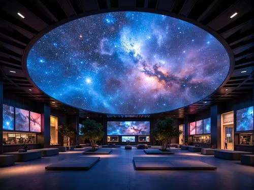 Cosmic planetarium dome, starry night sky, nebulae clouds, 3D projection mapping, immersive atmosphere, dimmable LED lights, color-shifting ambiance, soft warm glow, spotlight accents, ambient occlusi