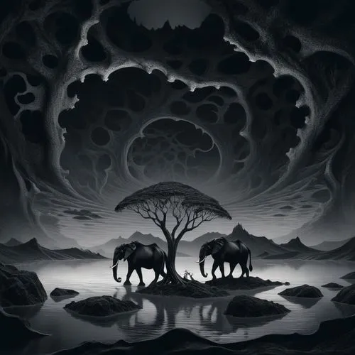 molten forest by dali and escher in quicksilver and ferrofuid splashes, Minimalism in a Negative Artistic Space,two elephants under a tree on top of some water,animal silhouettes,waterhole,pleistocene