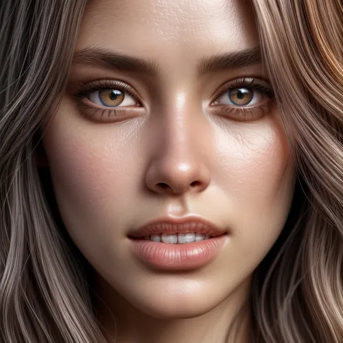 Enhance an AI-generated image to sharpen the realism of textures, with a particular focus on the skin, eyes, lips, and hair, and correct the teeth to make them naturally even and white. Increase the c