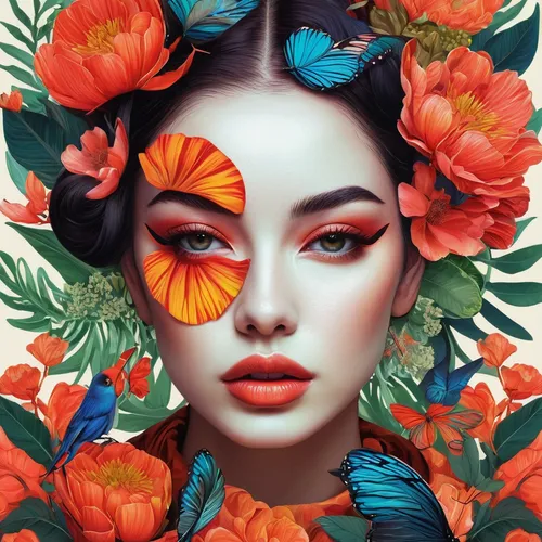 flora,girl in flowers,colorful floral,geisha,tropical bloom,flower painting,floral composition,orange floral paper,tiger lily,flower art,floral background,wreath of flowers,orange roses,tropical floral background,girl in a wreath,beautiful girl with flowers,frangipani,natura,red magnolia,orange petals,Illustration,Realistic Fantasy,Realistic Fantasy 07