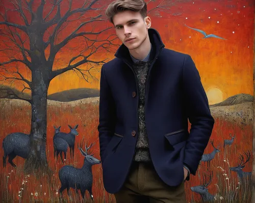 overcoat,gamekeeper,pere davids male deer,pere davids deer,long coat,autumn icon,autumn background,deer illustration,autumn theme,antler velvet,fox hunting,shepherd,farmer in the woods,george russell,coat,portrait background,hare field,hunting scene,woodland animals,male model,Illustration,Abstract Fantasy,Abstract Fantasy 15