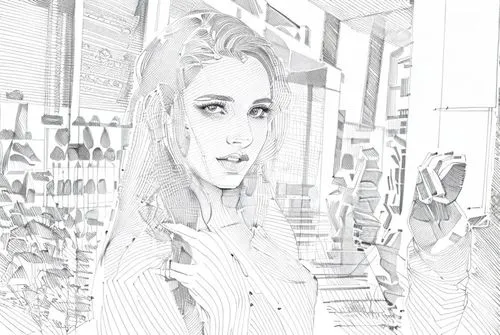 beautiful girl,a girl at the mall,city ​​portrait,sketch,art,Design Sketch,Design Sketch,Hand-drawn Line Art