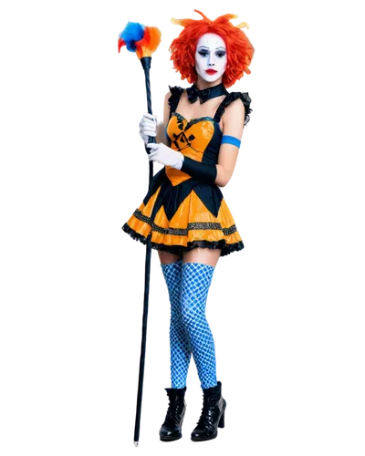 colorful jester, cartoon character, solo, (18yo), exaggerated facial expression, bright orange wig, white face paint, red nose, colorful diamond pattern costume, oversized shoes, holding a jesters sta