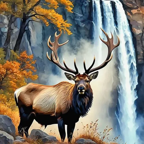 An artistic painting in a watercolor style of a silhouette of the outline of a large elk with its face up, and inside it is painted in a more abstract style, a breathtaking view of waterfalls in natur