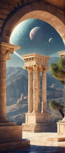 the ancient world,barsoom,ancient city,metapontum,solstices,atlantis,futuristic landscape,pillars,artemis temple,scythopolis,herakleion,skyterra,civilizations,hellas,acropolis,delos,three pillars,caesonia,sybaris,logopolis,Conceptual Art,Sci-Fi,Sci-Fi 30