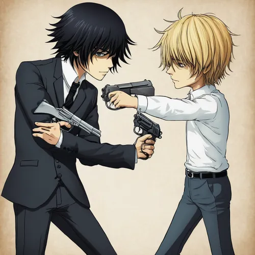 Lawliet outsmarting a notorious criminal mastermind,detective conan,fist bump,duel,sword fighting,hands holding,stage combat,hand in hand,protecting,shinigami,holding a gun,arm wrestling,screw gun,fig