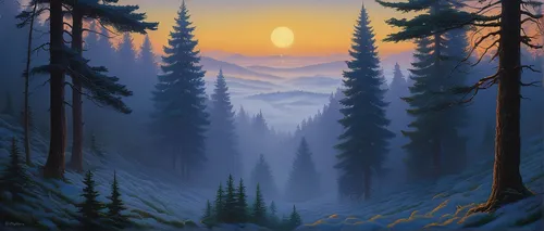 mountain sunrise,spruce-fir forest,coniferous forest,spruce forest,forest background,dusk background,forest landscape,dusk,foggy forest,fir forest,alpine sunset,moonrise,digital painting,world digital painting,northwest forest,winter forest,first light,landscape background,foggy mountain,twilight,Illustration,Realistic Fantasy,Realistic Fantasy 27