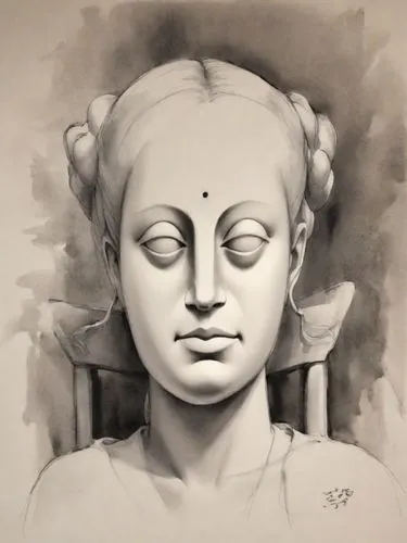 Sitting on a chair, not much too on her body.,a drawing of a woman's head with her eyes closed,thyagaraja,tyagaraja,pratihara,panchali,mahavira,nitai,Digital Art,Ink Drawing