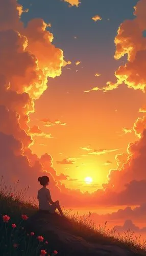 hosoda,sunset,flower in sunset,ghibli,daybreak,atmosphere,Illustration,Vector,Vector 03