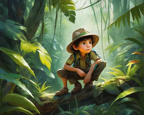 rainforest,jungle,kids illustration,tropical jungle,rain forest,safari,mowgli,digital painting,jungle leaf,farmer in the woods,explorer,tarzan,indiana jones,world digital painting,children's background,park ranger,vietnam,child portrait,brown hat,exploration,Illustration,Paper based,Paper Based 11