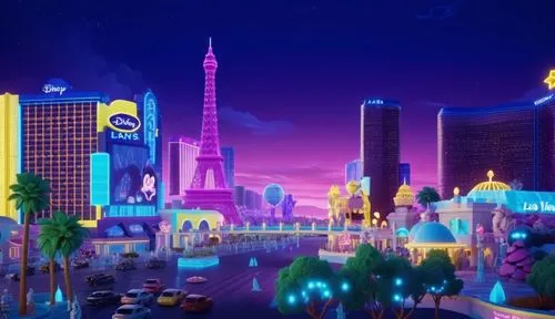 拉斯维加斯夜晚景色，3D，迪士尼风格，颜色鲜艳饱和，高质量,fantasy city,cartoon video game background,colorful city,megapolis,cybertown,cybercity,wildstar,futuristic landscape,dubailand,fantasy world,megacorporations,city at nigh