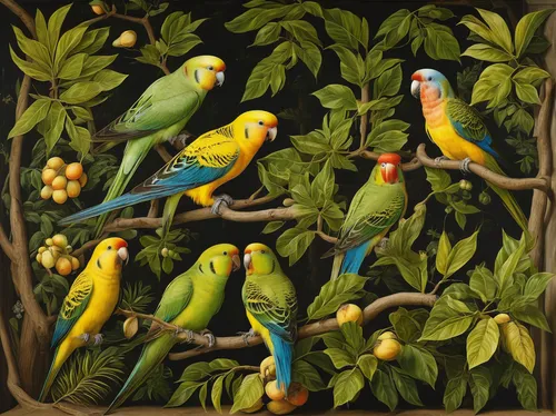 golden parakeets,yellow-green parrots,passerine parrots,tropical birds,parakeets,parrots,birds on a branch,toucans,birds on branch,parakeets rare,rare parrots,yellow parakeet,sun conures,yellow green parakeet,budgies,edible parrots,sun parakeet,yellowish green parakeet,group of birds,parrot couple,Art,Classical Oil Painting,Classical Oil Painting 19