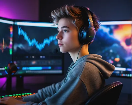 1person, gamer, solo, (20yo), focused expression, wearing headset, hearing own voice, short hair, casual clothing, gaming chair, indoor room, computer setup, multiple monitors, microphone, ambient roo