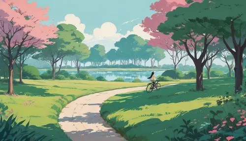 springtime background,bicycle ride,pathway,spring background,bicycle path,stroll,bike ride,bike path,sakura background,sakura trees,walk in a park,forest path,spring morning,japanese sakura background,backgrounds,landscape background,springtime,biking,clover meadow,bicycling,Illustration,Japanese style,Japanese Style 06