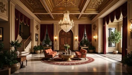 royal interior,foyer,entrance hall,lobby,ritzau,gleneagles hotel,amanresorts,interior decor,ornate room,hotel hall,hotel lobby,hallway,emirates palace hotel,claridge,nemacolin,dolmabahce,grand hotel europe,crown palace,kempinski,cochere