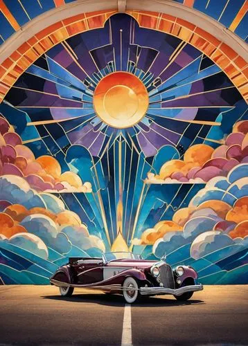 parabolic sunset  in the clouds, mural in the top of the car,,packard one-twenty,delahaye,morgan electric car,delage,retro automobile,amstutz,art deco background,art deco,packard 8,stutz,mercedes-benz