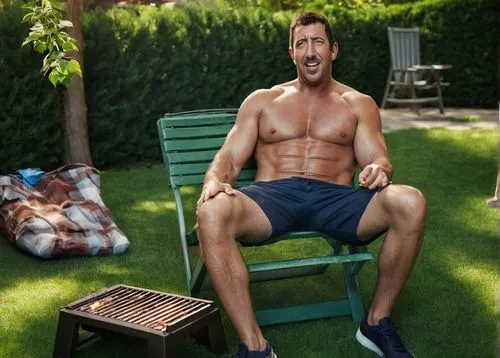 man on a bench,sunlounger,zuccotto,outdoor bench,gardener,barbeque,shirtless,garden hose,park bench,barbecue,deck chair,men sitting,deckchair,lounger,dutch oven,male model,garden bench,alfresco,lawn,summer background,Photography,Artistic Photography,Artistic Photography 13